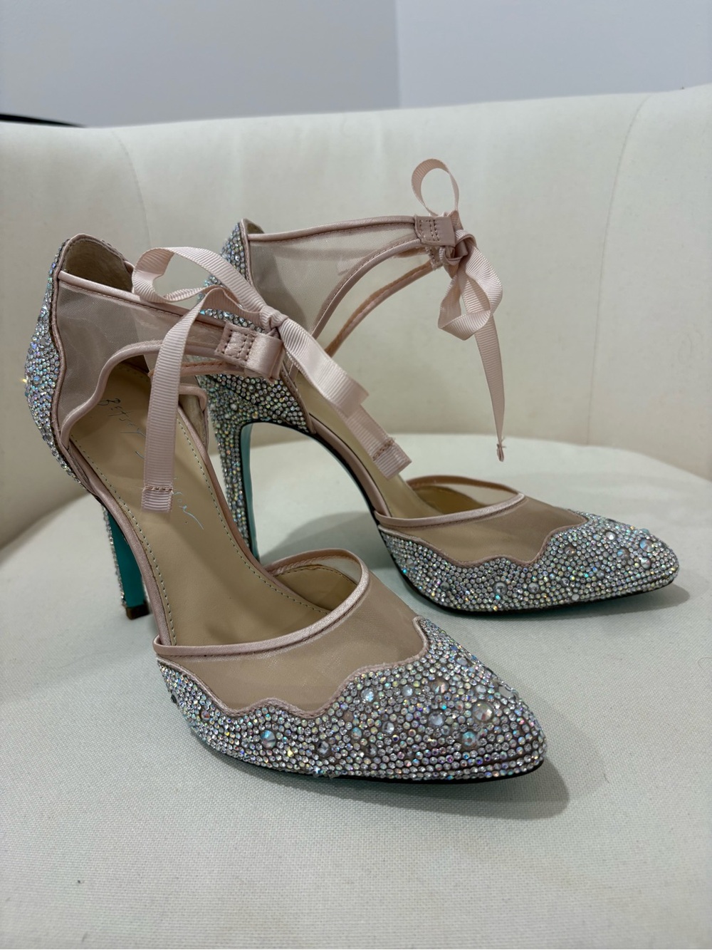 Betsey Johnson Pink Crystal Embellished Ankle Tie Heels